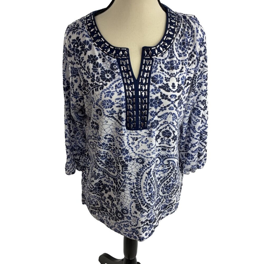 Cathy Daniels Womens S Top Blue White Floral Embellished 3/4 Sleeve Blouse